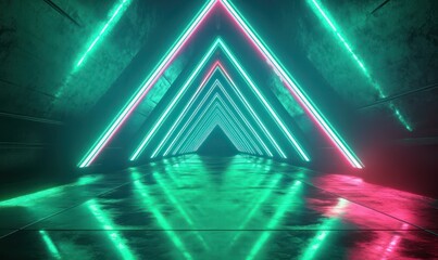 Futuristic corridor with glowing neon triangular light frames in teal and pink reflecting on glossy floor creating depth and symmetry