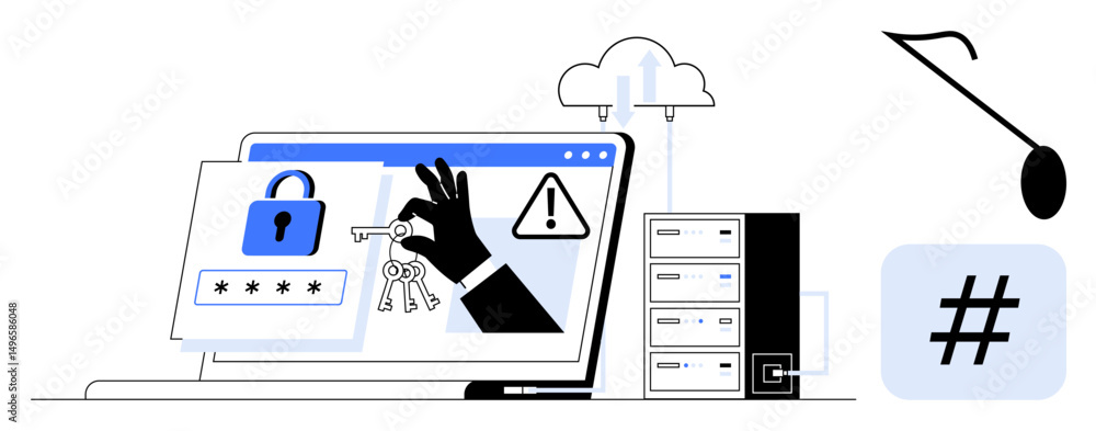 Poster hacking hand steals keys from secured laptop screen, breach warning signs, cloud, server stack. idea