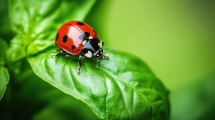 Fototapeta premium Ladybug on basil leaf, garden background, nature close-up