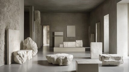 Minimalist interior design showcasing textured, light-colored stone elements