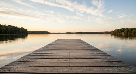 Photo of Serene Wooden Dock on Calm Lake at Sunset