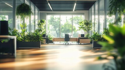 Obraz premium Modern office interior filled with abundant green plants and natural sunlight creating a calm and refreshing workspace