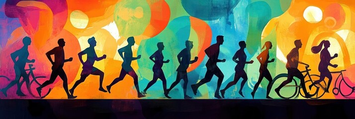 Silhouettes of people running and cycling against a vibrant, colorful abstract background evoking energy and movement