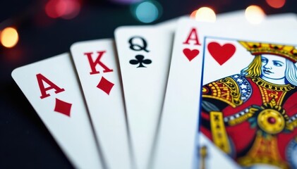 Playing cards arranged in a royal flush sequence , suit, playing cards, royal flush