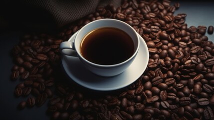 Fototapeta premium Coffee top view cup. Realistic cup and coffee beans