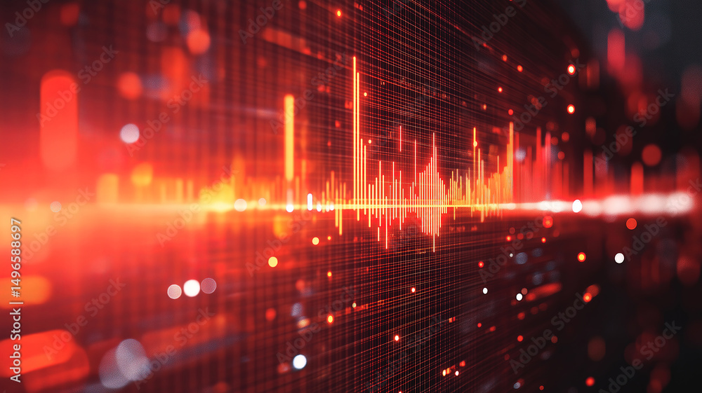 Poster digital data analysis displayed in red with abstract visual representation of market