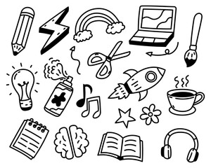 Set of creativity doodle illustration on a white background. Creativity doodle elements.