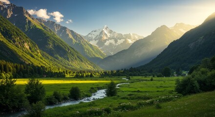 Obraz premium Photo of Majestic Mountain Valley Landscape with River at Sunrise