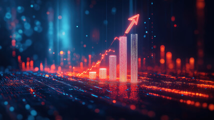 Glowing upward arrow surrounding a white bar graph on a dark blue background symbolizing financial progress