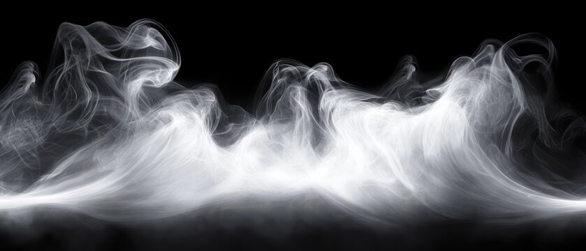 White smoke or fog swirling and flowing in abstract patterns over a black background creating a mysterious and ethereal atmosphere