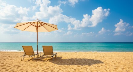 Obraz premium Photo Of Idyllic Golden Sand Beach With Chairs And Umbrella