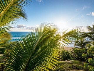 Fototapeta premium Tropical Paradise: Palm Leaves Embrace Ocean View