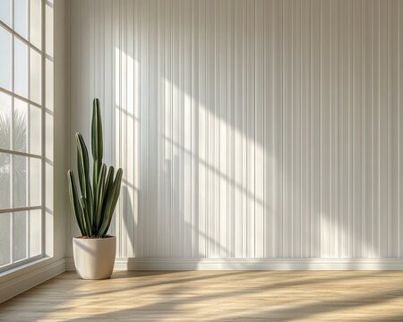 Minimalist sunlit room with vertical panel wall, large window casting shadows, and a tall potted cactus plant on wooden floor creating a calm atmosphere