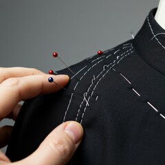 Photo of Tailor Hand Pinning Black Fabric