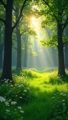 Serene sunlight streams through the trees onto a lush, green meadow branching off into a tranquil forest  Perfect for nature, spring, and peaceful backgrounds ,  summer,  lush,  wallpaper
