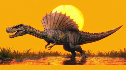 Large prehistoric spinosaurus dinosaur walking through shallow water with vegetation at sunset, bright orange sky and large sun in background