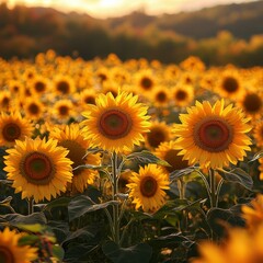 Fototapeta premium Sunflowers field sunset rural nature landscape