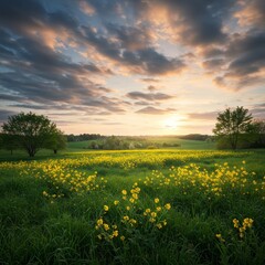 Obraz premium Photo of Idyllic Meadow with Yellow Wildflowers at Sunset