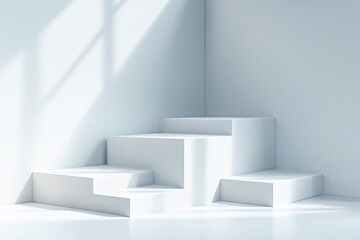 Minimalistic white geometric stepped platform with soft natural light casting shadows on smooth tiled floor and plain walls
