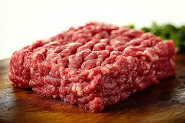 Close-up of fresh raw ground beef placed on a wooden cutting board with some green garnish in the background