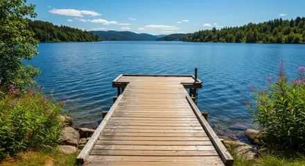 Fototapeten Photo of Tranquil Wooden Dock on Lake with Blue Sky © Chad