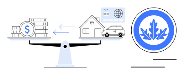Scales balancing stacks of money and sustainable living elements thumbs up a house, car, and eco-tech symbols. Ideal for eco-finance, sustainability, smart living, green energy, budgeting, home