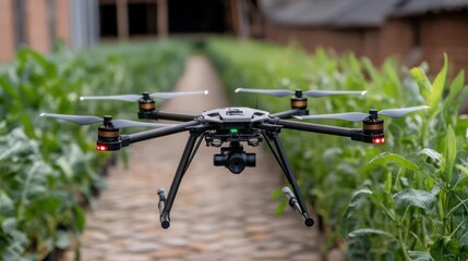 Agriculture drone hovering over a field of crops.