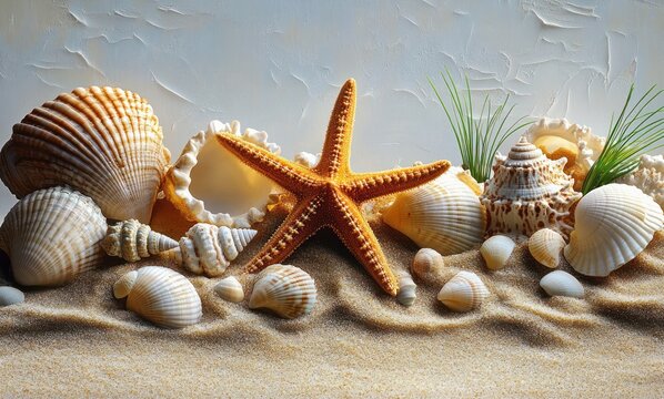 A vibrant orange starfish surrounded by various seashells and small green plants resting on sandy beach with textured light background