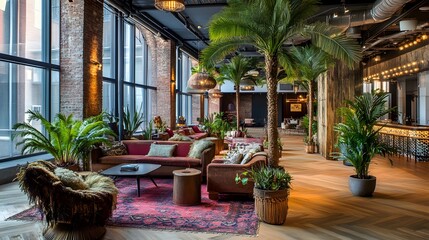 Obraz premium Spacious modern interior design with tropical plants and seating areas.