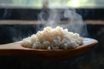 Close-up of steaming hot cooked white rice piled on a wooden spoon with blurred dark background
