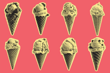 Ice Cream Cone Halftone Vector Pattern on Red Background
