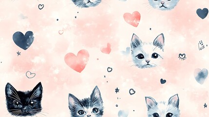 Seamless pattern watercolor, dreamy pet idol theme with animals floating around hearts, hashtags, mini ring lights, and fan letters, magical and playful Pastel Petfluencer Aesthetic Social Media 