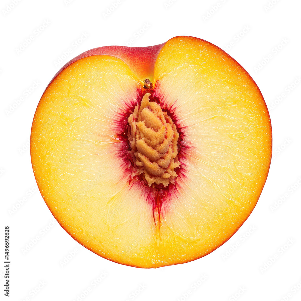 Poster freshly sliced peach on transparent background showcasing vibrant colors and texture, peach slice is