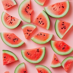 Watermelon slices arranged on pink background (2)