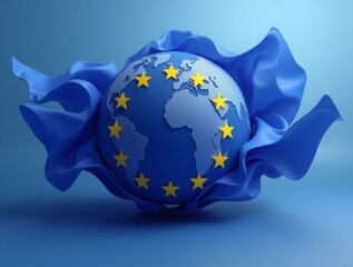A dynamic motion graphic animation concept of the European Union flag transforming into a globe, illustrating global influence and international cooperation