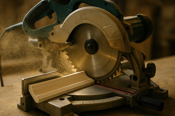 Circular saw cutting wood with precision in workshop setting