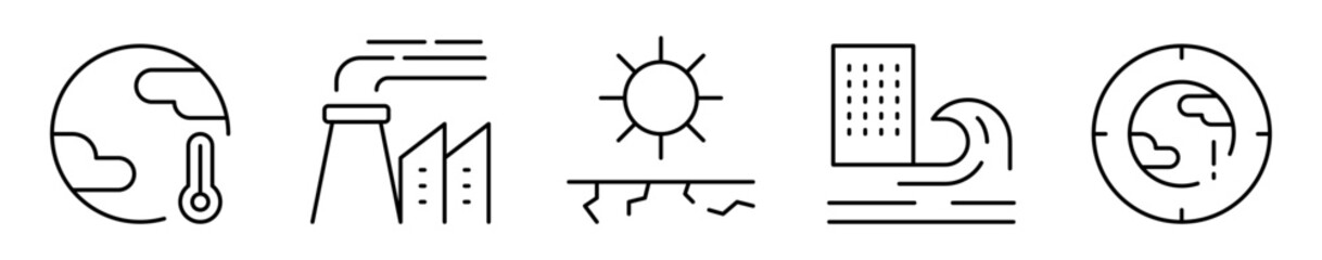 Conjunto de iconos de cambio climático. Calentamiento global, contaminación industrial, sequía, inundaciones, urgencia ambiental, suelo seco. Ilustración vectorial