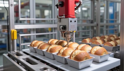 Automated machinery handling baked goods in production line.