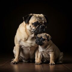 Obraz premium Photo of Mother Pug and Puppy on Dark Background