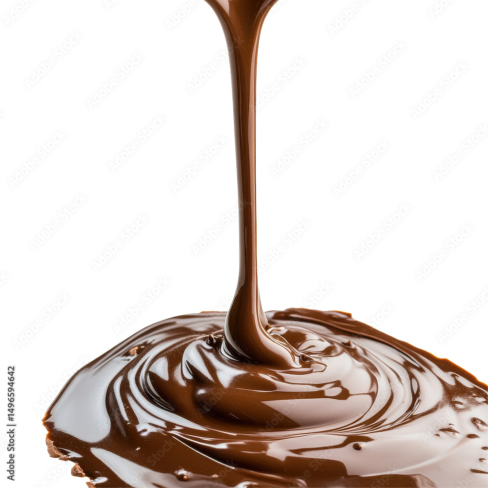 Poster chocolate slowly drips from a wide surface creating a glossy pool on a plain background, pouring cho