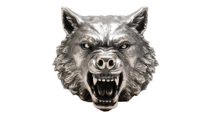 A fierce wolf head sculpture showcasing detailed features. transparent background