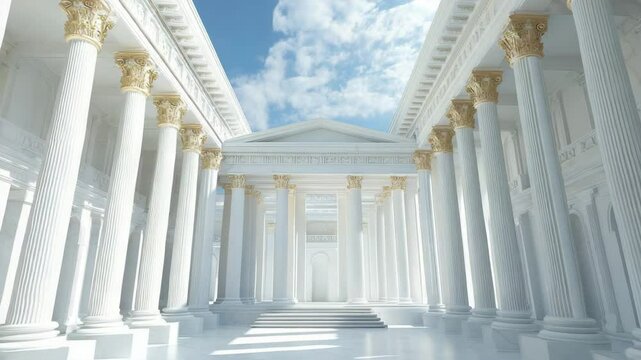 A large, empty white building with columns and a dome. The building appears to be a temple or a palace, with a sense of grandeur and majesty. The columns are tall and slender, and the dome is large