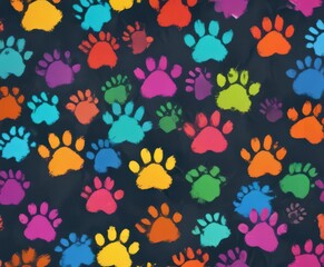 Funky colorful paw prints, hand-drawn seamless repeat,  vibrant,  happy