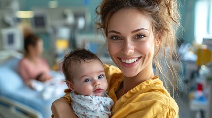 Obraz premium Beautiful nurse in hospital room holding newborn baby