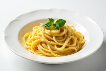 Elegant pasta dish, creamy sauce, white backdrop , recipe, dining, restaurant