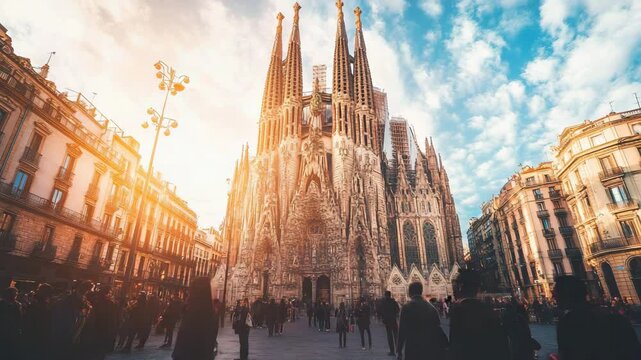A large cathedral with a large crowd of people walking around it. The people are walking in the street and the sky is blue