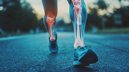 Runner's leg pain; x-ray overlay, outdoor road, sunset