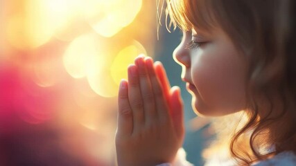 A young child is praying with their hands together. The image has a warm and peaceful mood, as the child is focused on their prayer
