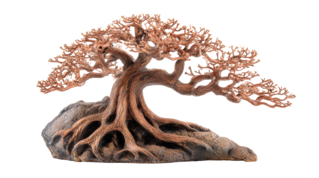 Artistic representation of a stylized tree sculpture on rock. transparent background