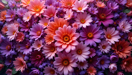 Fototapeta premium Title: Dense Cluster of Vibrant Daisies in Shades of Purple, Pink, and Orange